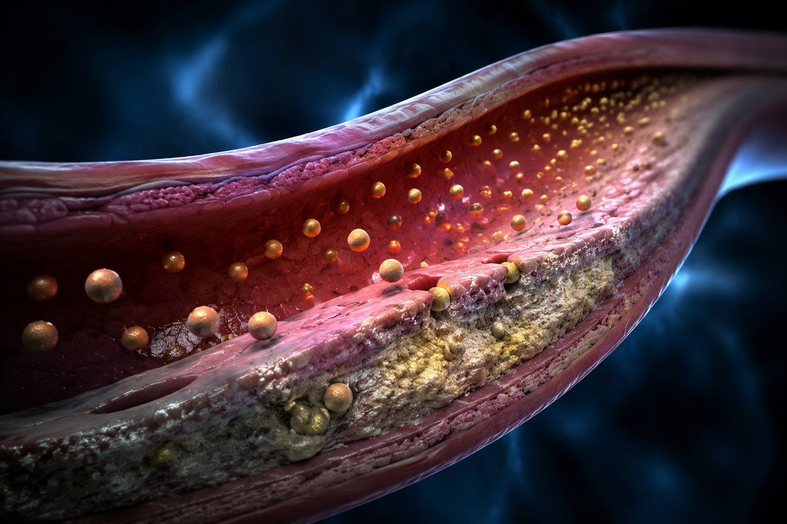An artery wall with cholesterol particles and plaque building up.