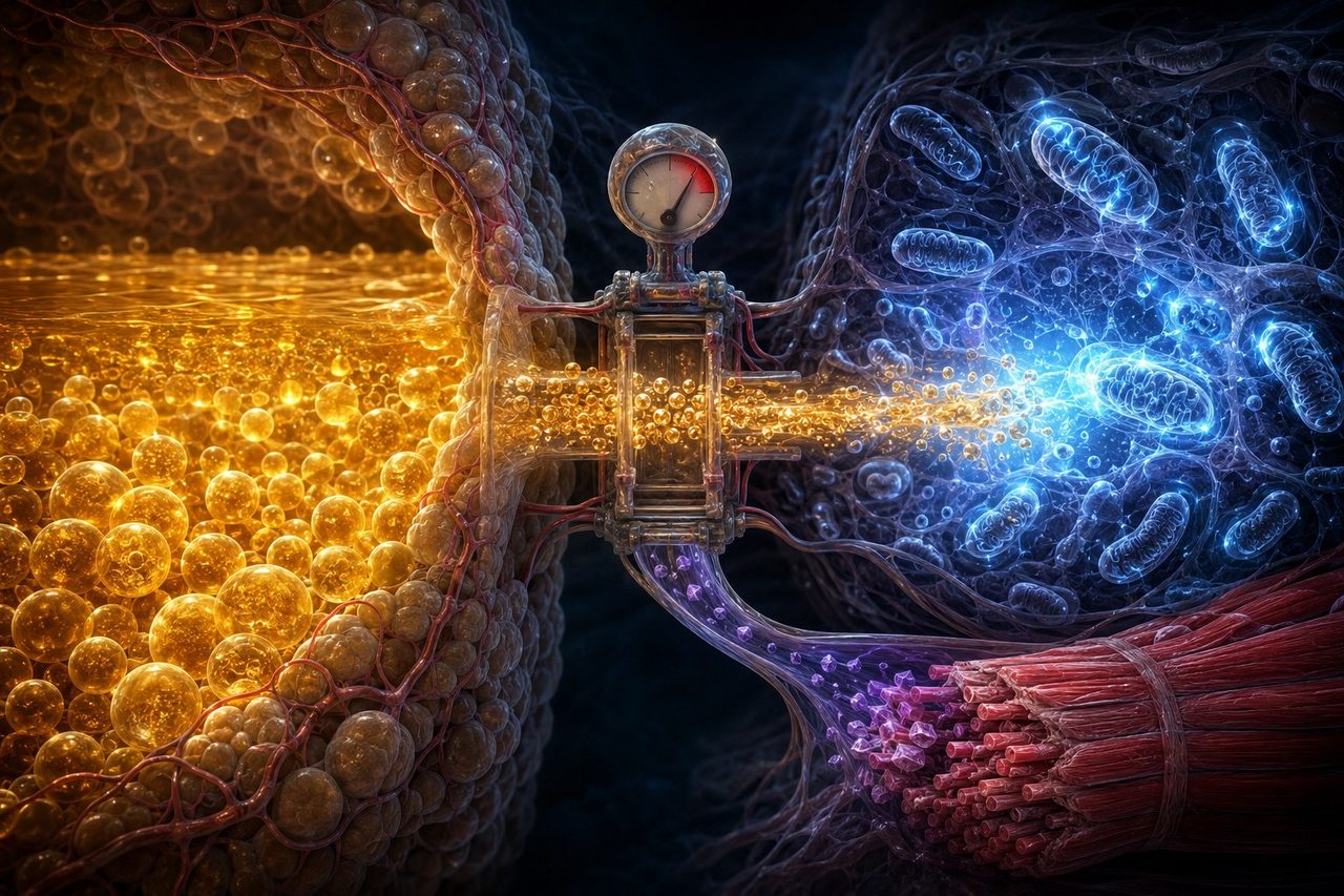 Fat flowing through a limited valve into mitochondria — a speed limit on fat burn.