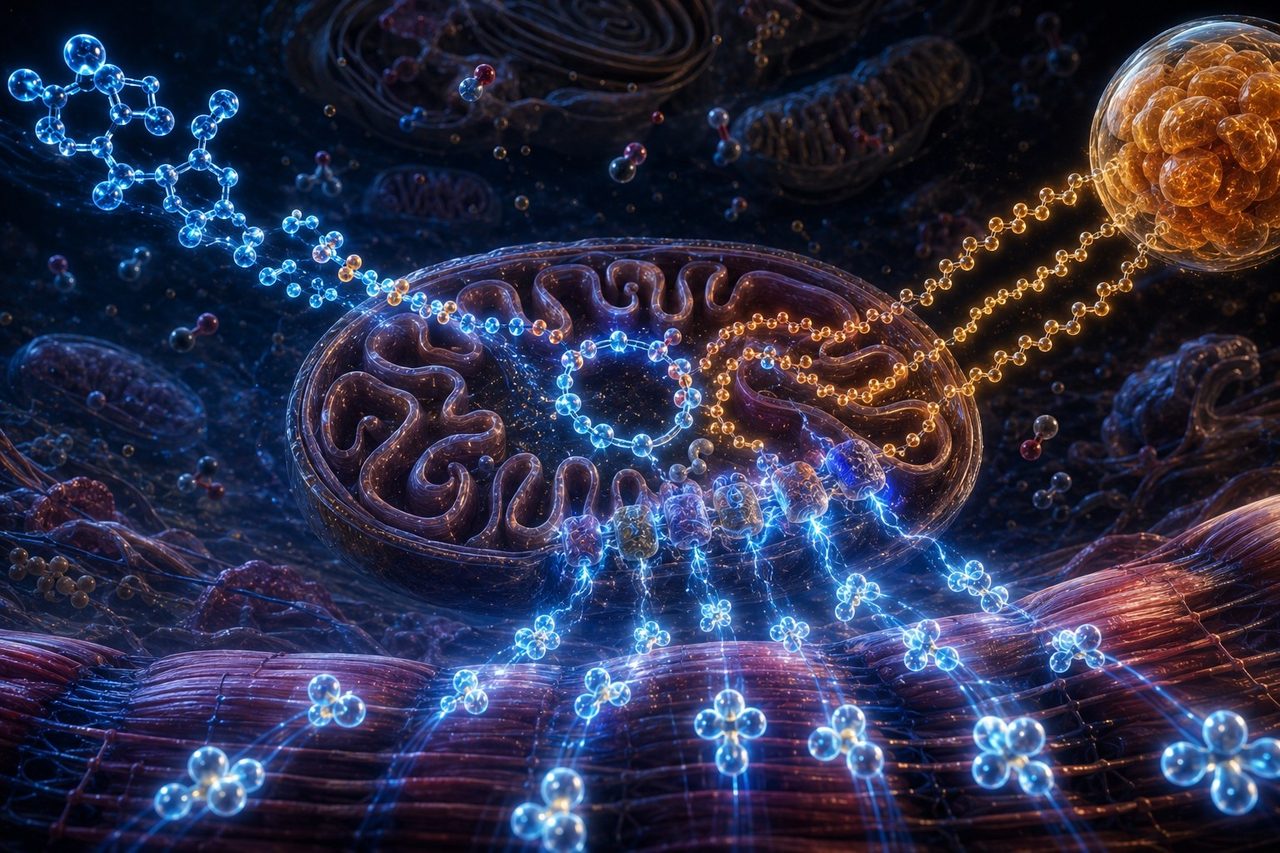 A mitochondrion burning carbs and fat into ATP.