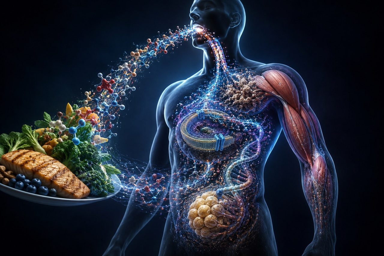 A meal becoming molecules, then muscle, fat, and the rest of you.